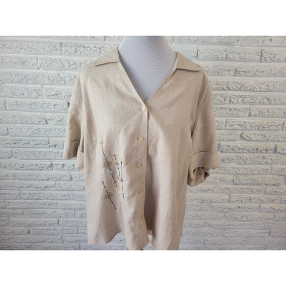 Requirements Petite Womens Shirt 2XWP Roll Tab Sleeve Button Up Embroider BRO74E - Picture 3 of 8